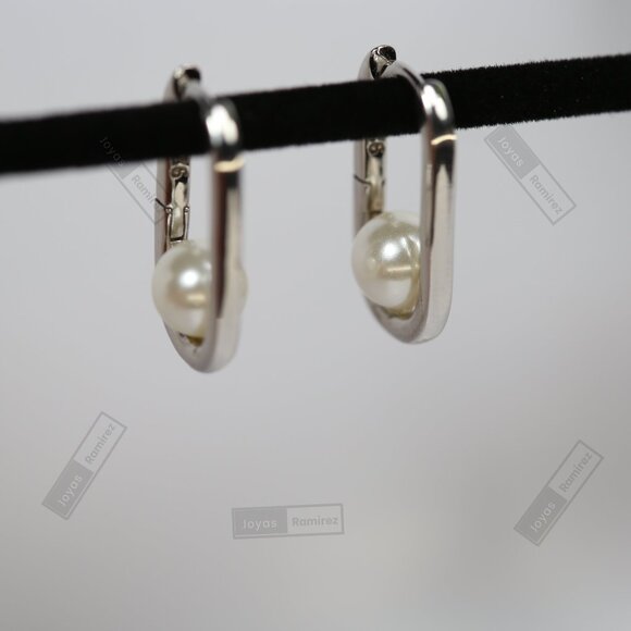 Sterling Silver Oval Pearl Earrings • Rhodium Finish • 2 cm Lightweight Design. - Picture 3 of 7